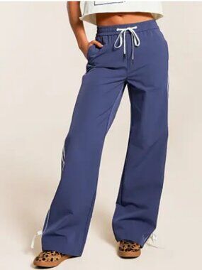 Buckle Navy Blue Wide-Leg Track Pants with White Drawstring